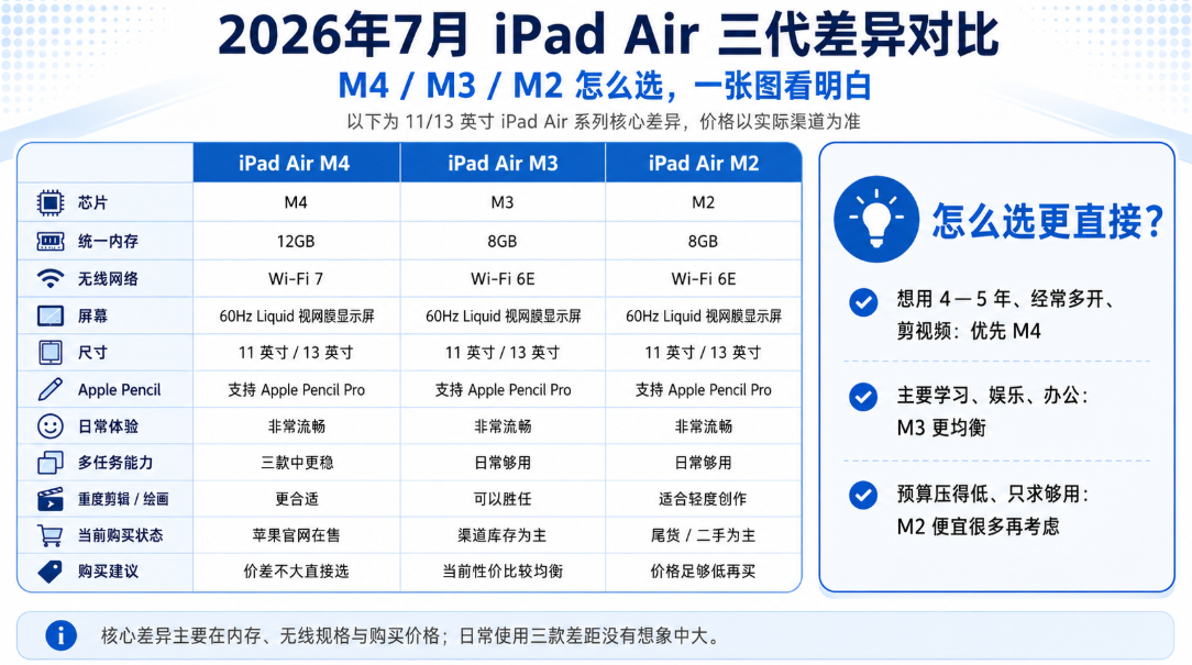 iPad Air M4、M3、M2怎么选?三代区别、价格与购买建议