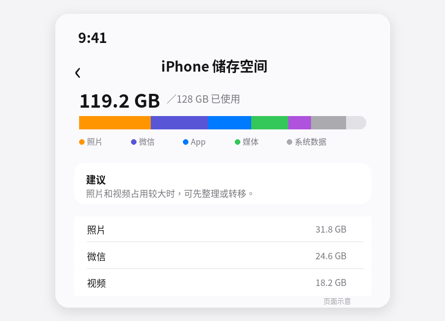 iPhone储存空间接近满载页面示意
